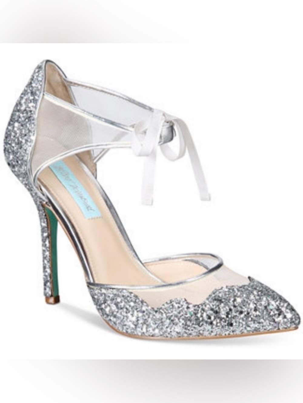 Silver Glitter Mesh Ankle-Tie Pumps